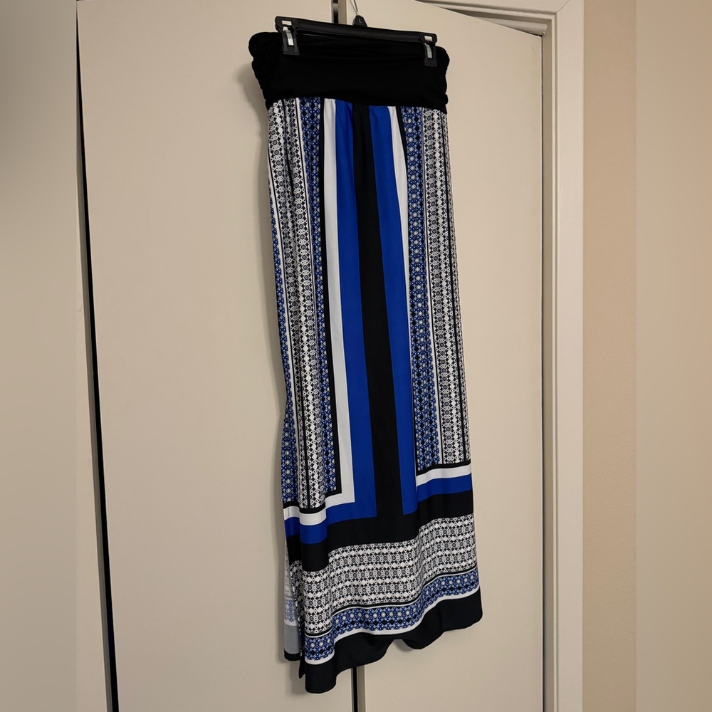 Silky bright long skirt, bright blue, black, and white